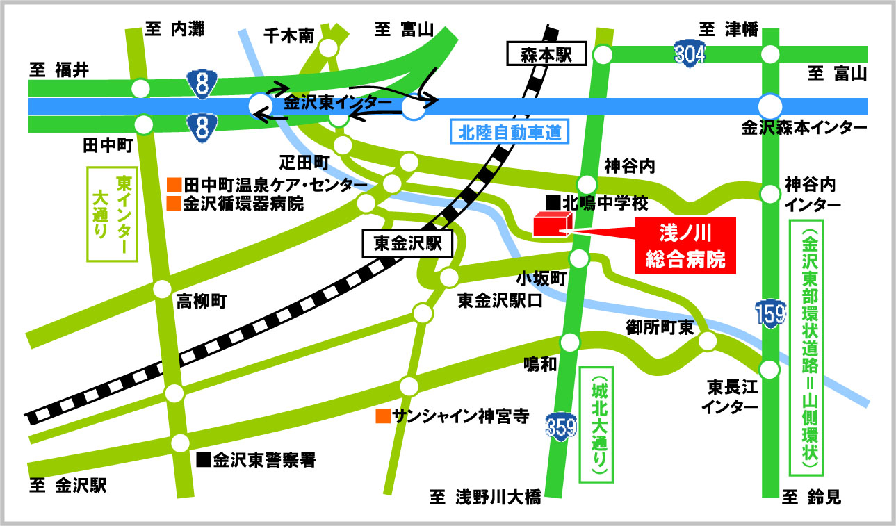 浅ノ川総合病院への地図